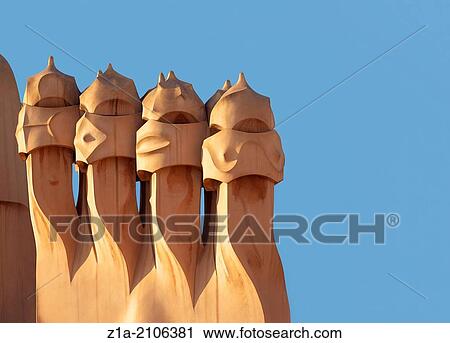Details of Chimneys on roof of Casa Mila, known as La Pedrera, designed by architect Antoni Gaudi. Barcelona, Catalonia, Spain. View Large Photo Image Stock Image - Details of Chimneys on roof of Casa Mila, known as La Pedrera, designed by architect Antoni Gaudi. Barcelona, Catalonia, Spain.. Fotosearch