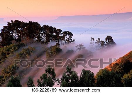 Stock Photo - Fog at sunrise rolling in over the Berkeley Hills, Alameda County, CALIFORNIA.. Fotosearch