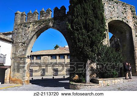 Stock Image - Gate of Jaen and Arch of Villalar, Baeza, Jaen province, Spain. Fotosearch