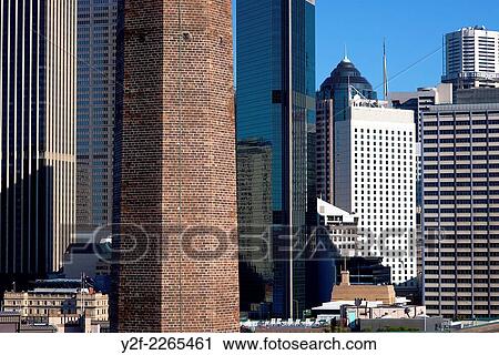 Stock Image - long lens aerial perspective on buildings in downtown Sydney, Australia.. Fotosearch
