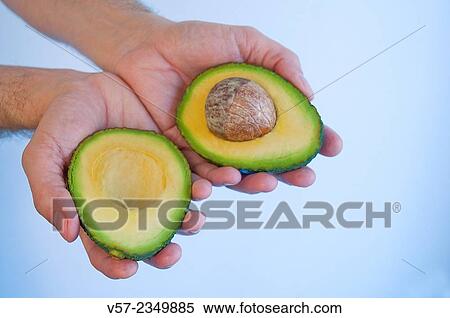Stock Photography - Man's hands showing an avocado cut in two halves. Close view.. Fotosearch