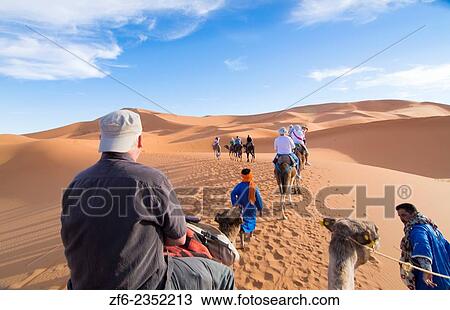 Morocco Sahara Desert sand dunes in Las Palmeras area with tourists riding camels on peaks and sand. View Large Photo Image Stock Image - Morocco Sahara Desert sand dunes in Las Palmeras area with tourists riding camels on peaks and sand.. Fotosearch