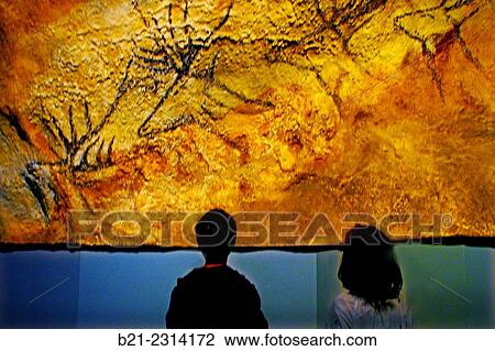 Stock Image - Museum visit: kids by a prehistorical fresco from Lascaux cave, Musee d'Aquitaine, Bordeaux, Gironde, Aquitaine, France. Fotosearch
