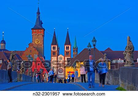 Stock Photo - Old Main Bridge, Town Hall and Cathedral, Wurzburg, UNESCO World Heritage Site, Romantische Strasse, Romantic Road, Franconia, Bavaria, Germany, Europe.. Fotosearch