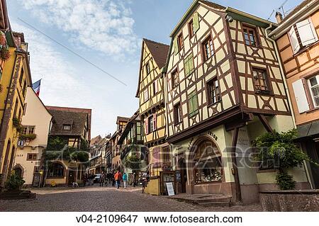Picturesque timbered houses in Riquewihr, Alsace, France, Europe View Large Photo Image Stock Photo - Picturesque timbered houses in Riquewihr, Alsace, France, Europe. Fotosearch