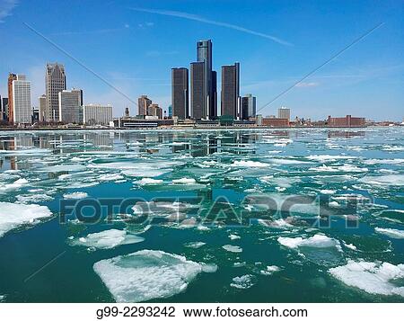 Spring ice breaking, Detroit skyline (no swimming sign, ship passing. ), Windsor, Ontario, Canada View Large Photo Image Stock Image - Spring ice breaking, Detroit skyline (no swimming sign, ship passing. ), Windsor, Ontario, Canada. Fotosearch