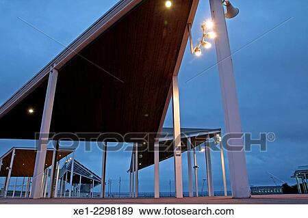 Stock Photo - Sunset, pergolas, enclosure Forum, Barcelona, Catalonia, Spain. Fotosearch