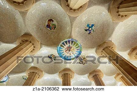 The ceiling mosaic at the Hypostyle Room. Parc Guell, by Antoni Gaudi. Barcelona. Catalonia. Spain. View Large Photo Image Stock Image - The ceiling mosaic at the Hypostyle Room. Parc Guell, by Antoni Gaudi. Barcelona. Catalonia. Spain.. Fotosearch