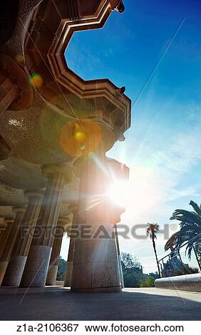 Stock Photo - The Hypostyle Room. Parc Guell, by Antoni Gaudi. Barcelona. Catalonia. Spain.. Fotosearch