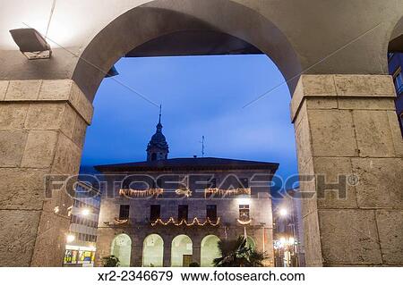 Stock Photo - Town Hall of Azkoitia with Christmas lights, Gipuzkoa, Basque Country.. Fotosearch