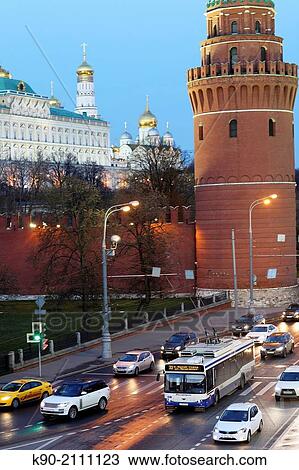 Traffic along the embankment at the wall of the Kremlin with Annunciation Cathedral in the background, Moscow, Russia, Europe. View Large Photo Image Stock Image - Traffic along the embankment at the wall of the Kremlin with Annunciation Cathedral in the background, Moscow, Russia, Europe.. Fotosearch