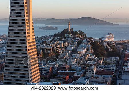 Transamerica Pyramid, Coit Tower and Alcatraz at sunrise, San Francisco, California, USA View Large Photo Image Stock Photo - Transamerica Pyramid, Coit Tower and Alcatraz at sunrise, San Francisco, California, USA. Fotosearch