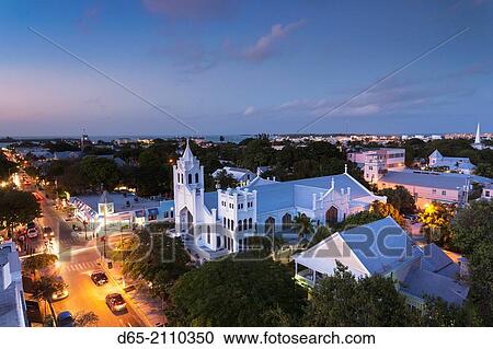 USA, Florida, Florida Keys, Key West, St. Paul's Episcopal Church and Duval Street, elevated view, dusk. View Large Photo Image Stock Image - USA, Florida, Florida Keys, Key West, St. Paul's Episcopal Church and Duval Street, elevated view, dusk.. Fotosearch