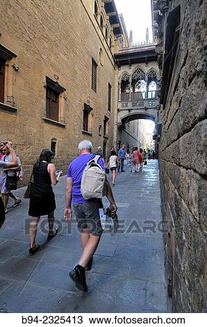 Stock Image - "Carrer del Bisbe street, Gothic quarter, Barcelona, Catalonia, Spain". Fotosearch