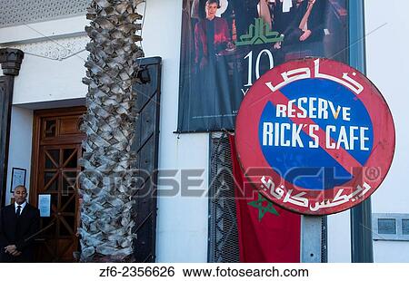 Stock Photograph - Casablanca Morocco sign famous Rick´s Cafe from movie with Humphrey Bogart bar and restaurant in downtown.. Fotosearch