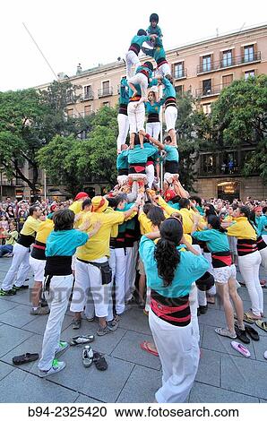 Stock Image - "Castellers traditional human towers, Barcelona, Catalonia, Spain. ". Fotosearch