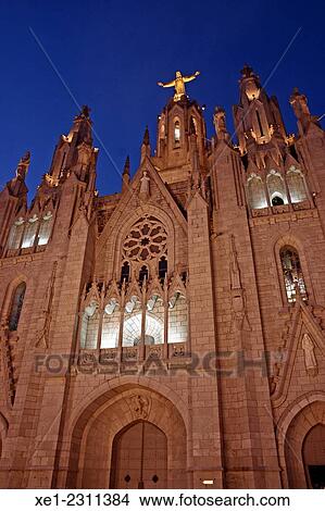 Picture - "Expiatory Temple of Sagrado Corazon at night, Tibidabo, Barcelona, Catalonia, Spain". Fotosearch