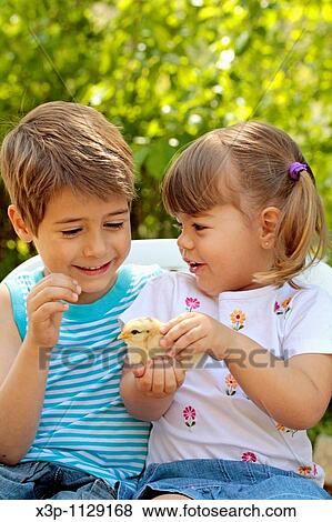 Kids with chick View Large Photo Image Stock Photo - Kids with chick. Fotosearch