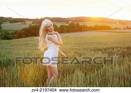 Picture - Portrait of a young woman in cornfield at sunset.. Fotosearch