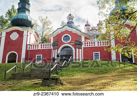 Stock Image - "Red building at Calvary, Stations of the Cross built by a Jesuit priest in 1744, Banska Stiavnica, Slovakia, Europe. ". Fotosearch