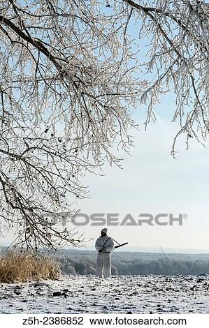 Stock Image - Russian Federation. Voronezh oblvst. Hunter in camouflage white suit on winter hunting.. Fotosearch