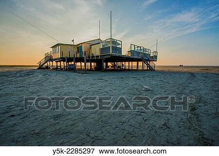 Stock Photo - "Schiermonnikoog, Netherlands. Beach house on wooden poles on the UNESCO Wadden Island Schiermonnikoog´s most northern beach, bordering the North Sea. ". Fotosearch