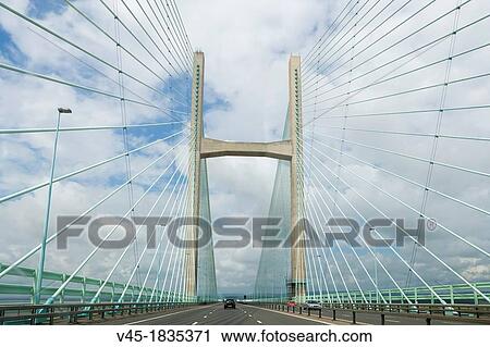 Stock Image - "Second Severn crossing, Ail Groesfan Hafren, looking West from England towards Wales, UK. ". Fotosearch