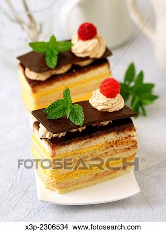 Picture - Sponge cake with custard and tiramisu.. Fotosearch