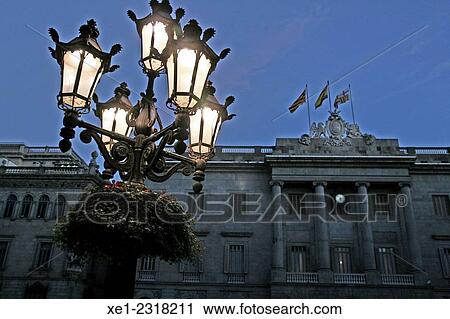 Stock Image - "Streetlight, Town Hall, Plaça Sant Jaume, Barcelona, Catalonia, Spain". Fotosearch