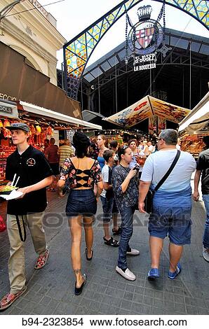 Picture - "The Mercat de Sant Josep de la Boqueria, often simply referred to as La Boqueria. Large public market in the Ciutat Vella district of Barcelona, Catalonia, Spain". Fotosearch