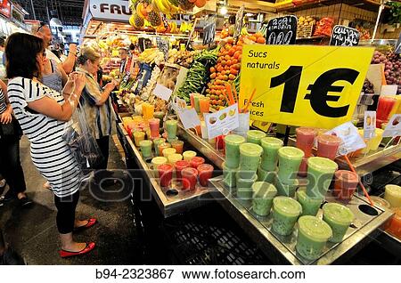 Stock Photo - "The Mercat de Sant Josep de la Boqueria, often simply referred to as La Boqueria. Large public market in the Ciutat Vella district of Barcelona, Catalonia, Spain". Fotosearch