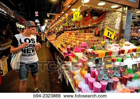 "The Mercat de Sant Josep de la Boqueria, often simply referred to as La Boqueria. Large public market in the Ciutat Vella district of Barcelona, Catalonia, Spain" View Large Photo Image Stock Photograph - "The Mercat de Sant Josep de la Boqueria, often simply referred to as La Boqueria. Large public market in the Ciutat Vella district of Barcelona, Catalonia, Spain". Fotosearch