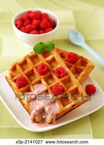 Waffles with raspberries smoothie. View Large Photo Image Stock Photo - Waffles with raspberries smoothie.. Fotosearch