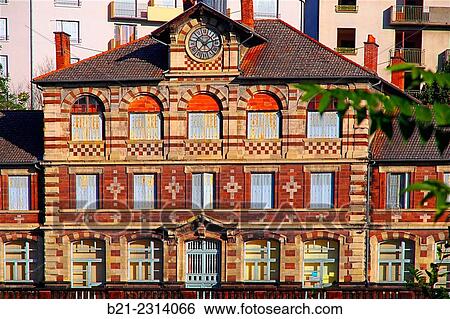 Stock Photograph - "´École Jules Ferry´ (1880 by architect E. Brune, Monument historique), Le Gua in the former coal mines area of Decazeville Aubin, Aveyron, Midi-Pyrenees, France". Fotosearch