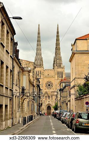 Stock Photo - "Bordeaux Cathedral, Cathedrale Saint-Andre de Bordeaux, viewed from Rue du Commandant Arnould, Bordeaux, Gironde Department, Aquitaine, France. ". Fotosearch
