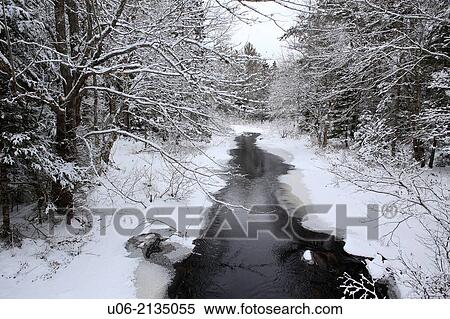 A brook with snow and ice on the trees in the winter season in Canada View Large Photo Image Stock Photography - A brook with snow and ice on the trees in the winter season in Canada. Fotosearch
