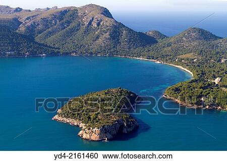Aerial view of Illa de Formentor ans Cala PI of the Posada at the botton, Mallorca, Balearic Island, Spain. View Large Photo Image Stock Image - Aerial view of Illa de Formentor ans Cala PI of the Posada at the botton, Mallorca, Balearic Island, Spain.. Fotosearch