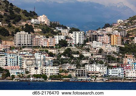 Albania, Albanian Riviera, Saranda, hotels along the Ionian Sea. View Large Photo Image Stock Image - Albania, Albanian Riviera, Saranda, hotels along the Ionian Sea.. Fotosearch