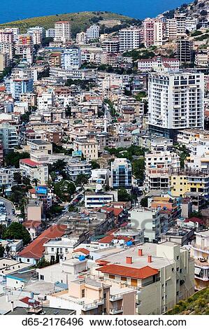 Albania, Albanian Riviera, Saranda, elevated city view. View Large Photo Image Stock Photograph - Albania, Albanian Riviera, Saranda, elevated city view.. Fotosearch