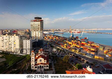 Stock Photograph - Albania, Durres, elevated port view.. Fotosearch