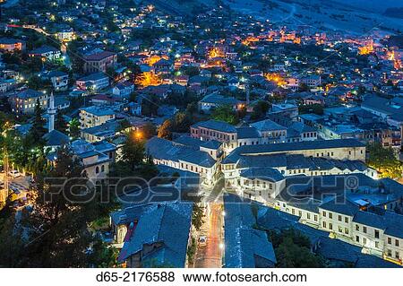 Albania, Gjirokastra, elevated town view from the castle, dusk. View Large Photo Image Stock Photo - Albania, Gjirokastra, elevated town view from the castle, dusk.. Fotosearch