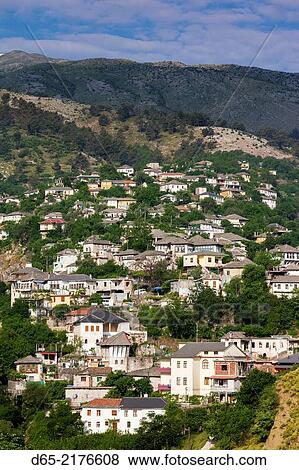 Albania, Gjirokastra, elevated town view from the castle. View Large Photo Image Stock Photo - Albania, Gjirokastra, elevated town view from the castle.. Fotosearch
