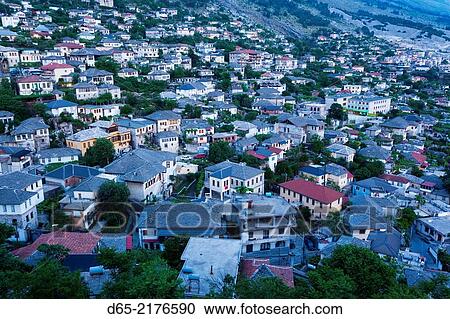 Albania, Gjirokastra, elevated view of Ottoman-era houses, dawn. View Large Photo Image Stock Image - Albania, Gjirokastra, elevated view of Ottoman-era houses, dawn.. Fotosearch