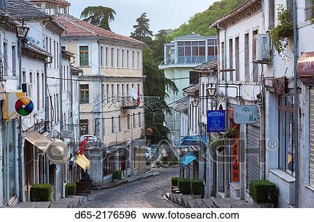 Albania, Gjirokastra, elevated view of Ottoman-era houses on main street. View Large Photo Image Stock Photograph - Albania, Gjirokastra, elevated view of Ottoman-era houses on main street.. Fotosearch