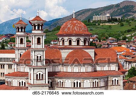 Albania, Korca, the Orthodox Cathedral, elevated view along the Boulevard Republika. View Large Photo Image Stock Photography - Albania, Korca, the Orthodox Cathedral, elevated view along the Boulevard Republika.. Fotosearch