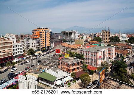 Albania, Shkodra, elevated view of Zogu 1 Boulevard. View Large Photo Image Stock Image - Albania, Shkodra, elevated view of Zogu 1 Boulevard.. Fotosearch