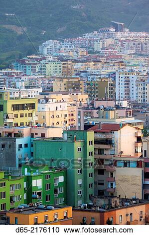 Albania, Tirana, elevated city view, dusk. View Large Photo Image Stock Image - Albania, Tirana, elevated city view, dusk.. Fotosearch