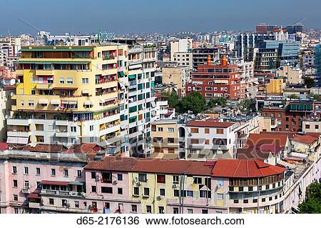Stock Photograph - Albania, Tirana, elevated city view.. Fotosearch