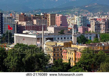 Albania, Tirana, elevated view of Skanderbeg Square. View Large Photo Image Stock Photo - Albania, Tirana, elevated view of Skanderbeg Square.. Fotosearch
