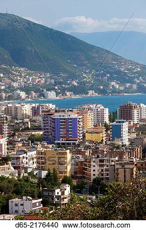 Albania, Vlora, elevated city view. View Large Photo Image Stock Image - Albania, Vlora, elevated city view.. Fotosearch